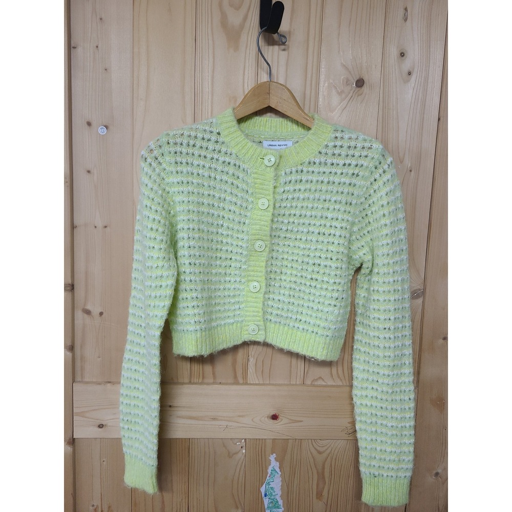 Urban Revivo Cardigan Womens US 4 Lime Green E
 Cropped Fuzzy Knit Striped